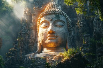 Serene Buddha statue in jungle, sunlight rays