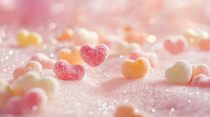 Colorful Heart Shaped Sweets Sparkling on a Glittery Pink Background