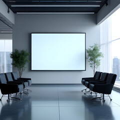 Fototapeta premium Modern office interior with sleek furniture and a large screen