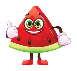 Cute watermelon slice character giving a thumbs up with smile, showing approval. Vector cartoon illustration isolated on white background