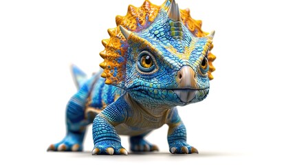 Fototapeta premium Colorful, cartoon-like lizard with horns and spikes, isolated on white background.