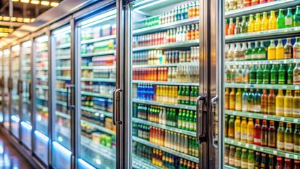 Blurred background of supermarket fridge with bottles of beverages on shelves