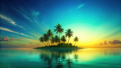 Obraz premium Tropical Island Sunset with Blue and Green Gradient Background, Shades of Turquoise and Lime