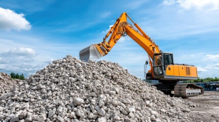 Obraz premium Heavy Excavator Loading Gravel at Construction Site Under Bright Blue Sky with White Clouds