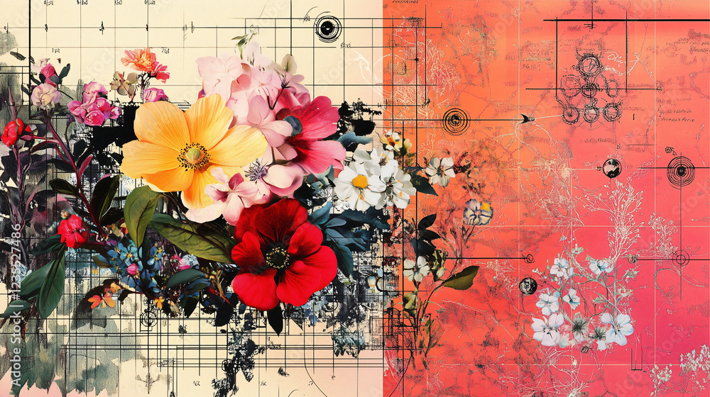 Aufkleber vibrant floral collage blending colorful blooms with intricate design elements in a dynamic composit