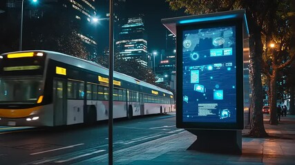 Nighttime city scene featuring a digital bus stop display with urban skyline and bus in motion - Powered by Adobe