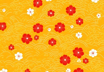 Vibrant floral pattern featuring red and white flowers against a bright yellow background
