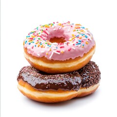 Delightful Assortment of Colorful Donuts with Sprinkles and Chocolate Glaze on a White Background