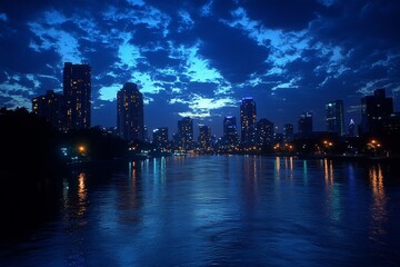 Fototapeta premium Twilight Reflections: Captivating City Skyline Illuminated by Night Lights