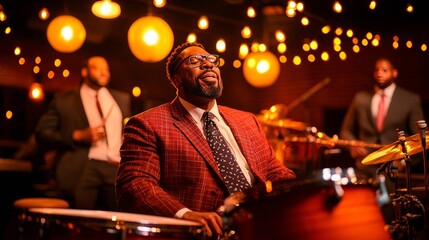 Naklejka premium Jazz Drummer in Spotlight: A charismatic male jazz drummer takes center stage, lost in the rhythm as he performs with his band in an intimate, dimly lit club.
