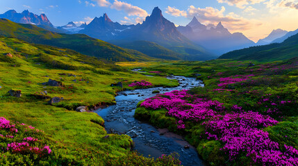 Mountain valley stream sunrise rhododendrons