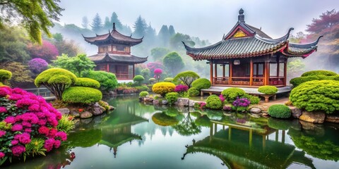 Ancient Chinese temple nestled among vibrant blooms, serene water features and meticulously pruned topiaries, surrounded by lush foliage and misty atmosphere , outdoor spaces, serenity