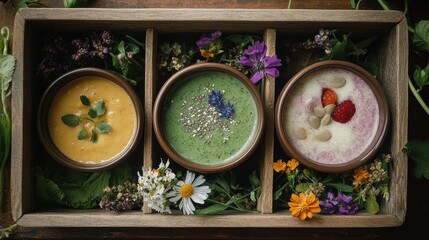 Bohemian breakfast box with smoothie bowls, chia pudding, and wildflowers, free-spirited style, soft boho colors, [breakfast box], [bohemian vibes] 