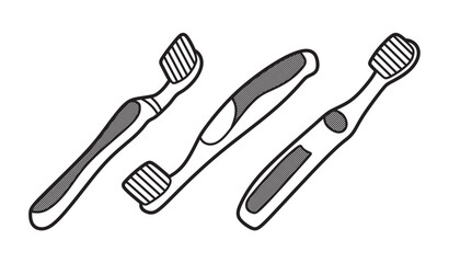 three black and white toothbrush images with line art