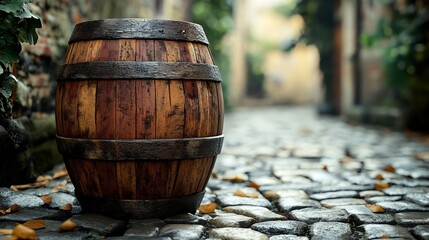 Naklejka premium Rustic Wooden Barrel Sits Quietly Cobblestone Alleyway Soft Light. AI Generated