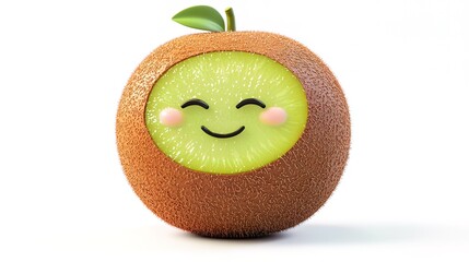Cute cartoon kiwi fruit with a smiling face, 3D render.