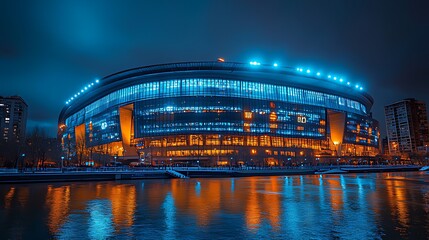 Obraz premium Illuminated stadium riverside night cityscape winter reflection