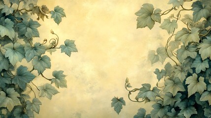 Serene pastel green ivy climbs softly across warm yellow textured background. AI Generated