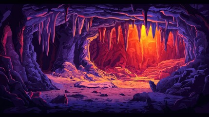 Luminous Cave Interior with Stalactites and Warm Orange Glow