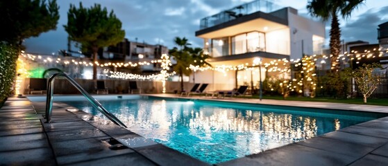 Luxury Poolside Night View  Modern Villa  Lights  Relaxation