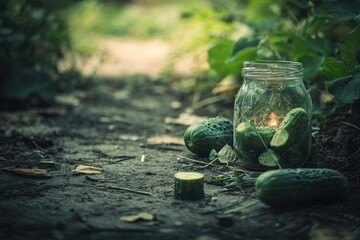 Fototapeta premium Broken Jar of Pickles and Scattered Cucumbers on the Ground