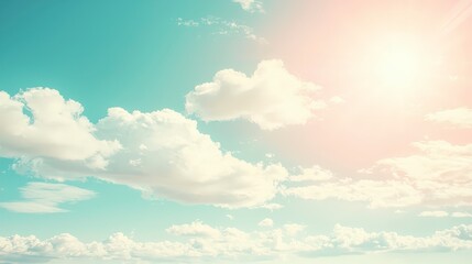 Beautiful Blue Sky with Fluffy White Clouds and Bright Sunlight
