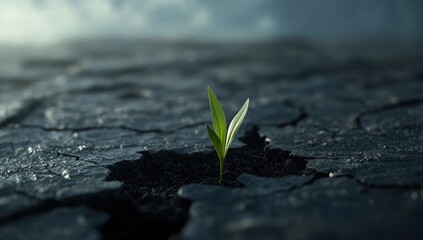 Small sprout emerges from cracked, dry earth.