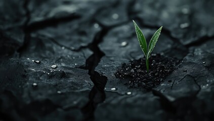 Small sprout growing in cracked, dry earth.
