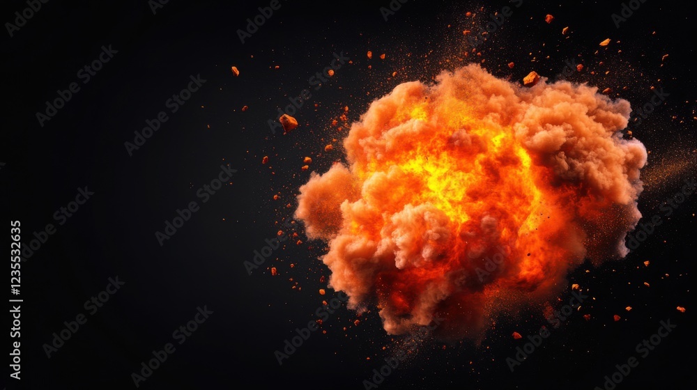 Poster vivid explosion against dark background with bright flames and debris in impressive display of fire 