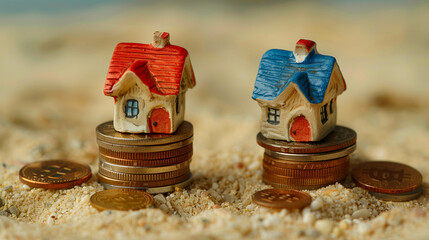 Miniature houses on stacks of coins placed on sand, symbolizing real estate investment and wealth