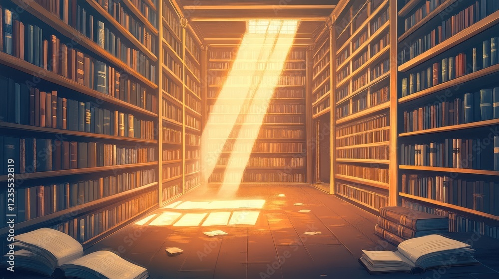 Poster sunlit library filled with rows of books