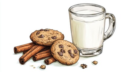 Cookies and milk, sweet holiday treats, hand-drawn style, isolated on white background.