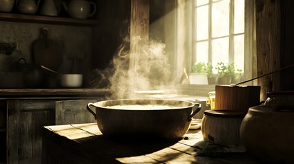 Steaming Cauldron of Porridge in Cozy Old-Fashioned Kitchen