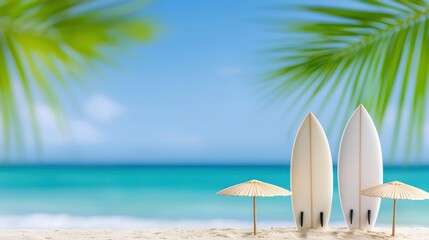 Two White Surfboards on Sandy Beach with Palm Trees