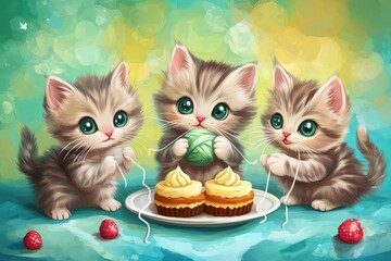 Three kittens playing yarn near cupcakes