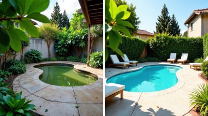 Residential Pool Transformation Before and After Showing a Dramatic Improvement in Backyard Oasis