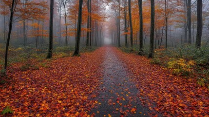 Naklejka premium Misty autumn path through forest with red leaves.