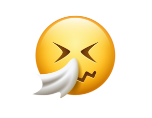 Yellow sick face with scrunched, sneezing, blowing its nose into white tissue