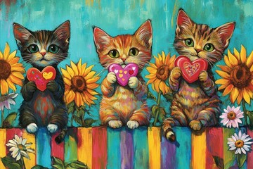 Three kittens holding hearts, sunflowers, colorful fence, Valentine's Day card