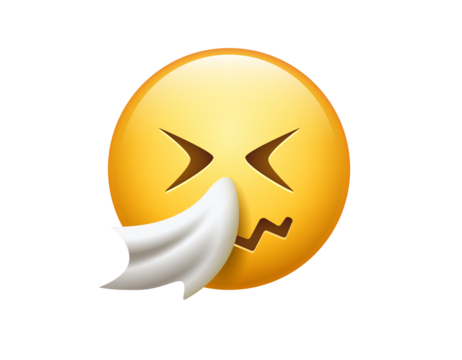 Yellow sick face with scrunched, sneezing, blowing its nose into white tissue