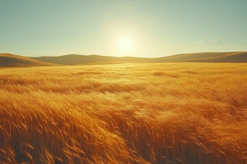 Serene Beauty of a Golden Wheat Field Under a Clear Blue Sky, Nature's Tranquility Captured in a Vast Wheat Field Landscape