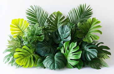 Fototapeta premium Lush Tropical Greenery Backdrop: Vibrant Monstera, Palm, and Fern Leaves Arrangement