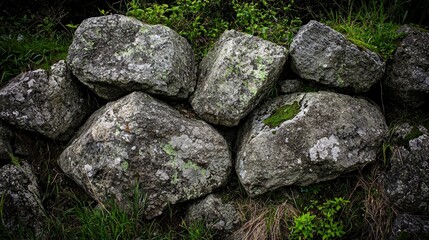 Textured Stones in Natural Setting with Greenery and Moss Growth