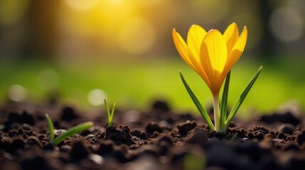 Golden Crocus Blooming in Rich Soil, a Symbol of Spring's Arrival and New Beginnings