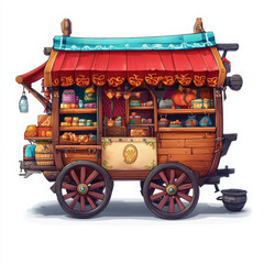 colorful merchant cart with various goods displayed, inviting and vibrant