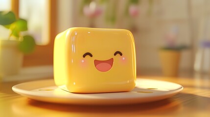 Happy yellow cube on plate, smiling, sunny kitchen setting.