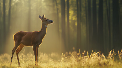 Majestic red deer in golden morning light, serene forest backdrop. A moment of natural grace and tranquility.