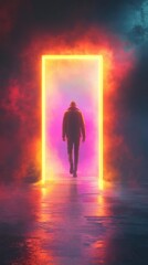- A figure stepping into a neon-lit portal, shifting from grayscale to vibrant hues, exuding cyberpunk vibes with surreal lighting