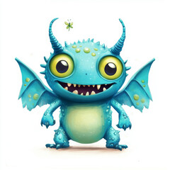 Fototapeta premium Cute blue monster with big eyes and wings, smiling joyfully