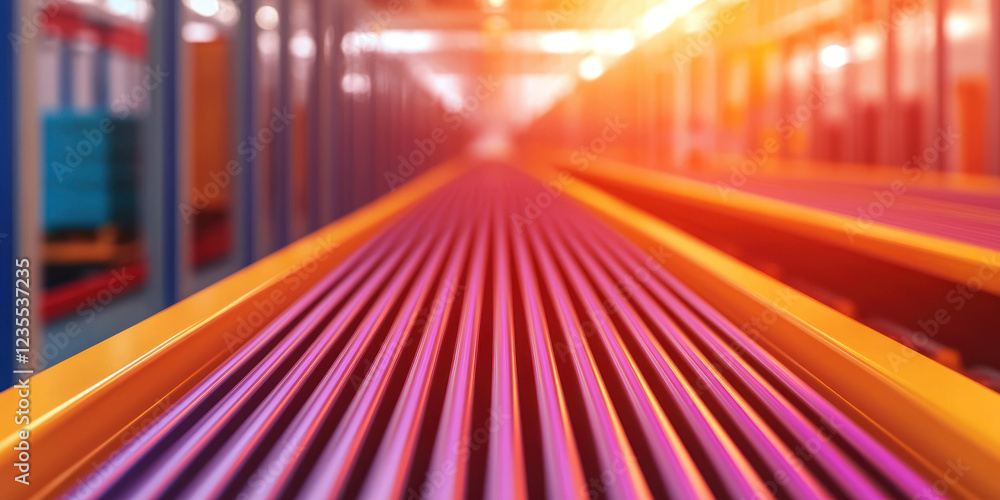 Poster automated warehouse system with colorful conveyor belts in motion